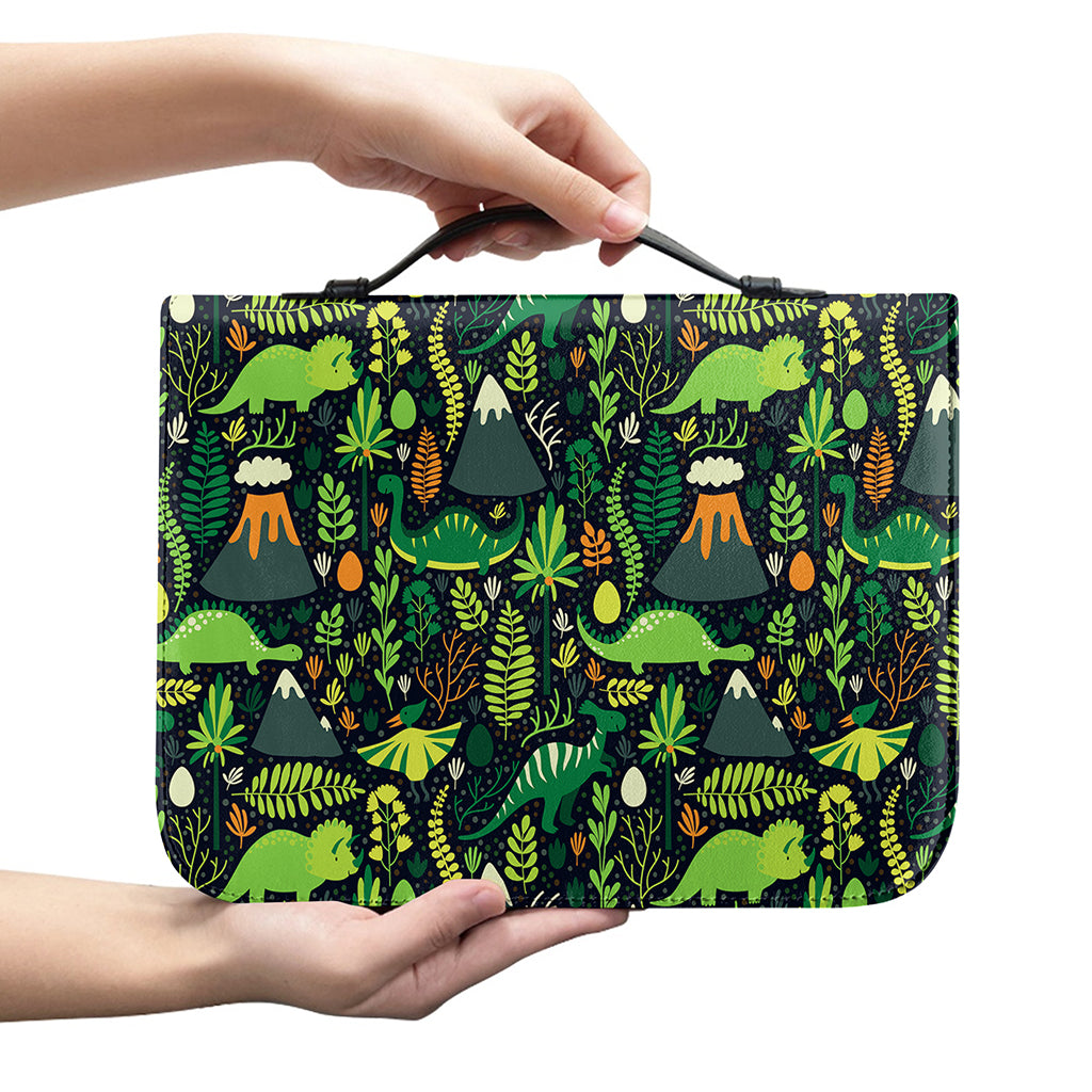 Cute Dinosaur And Floral Pattern Print Leather Bible Cover