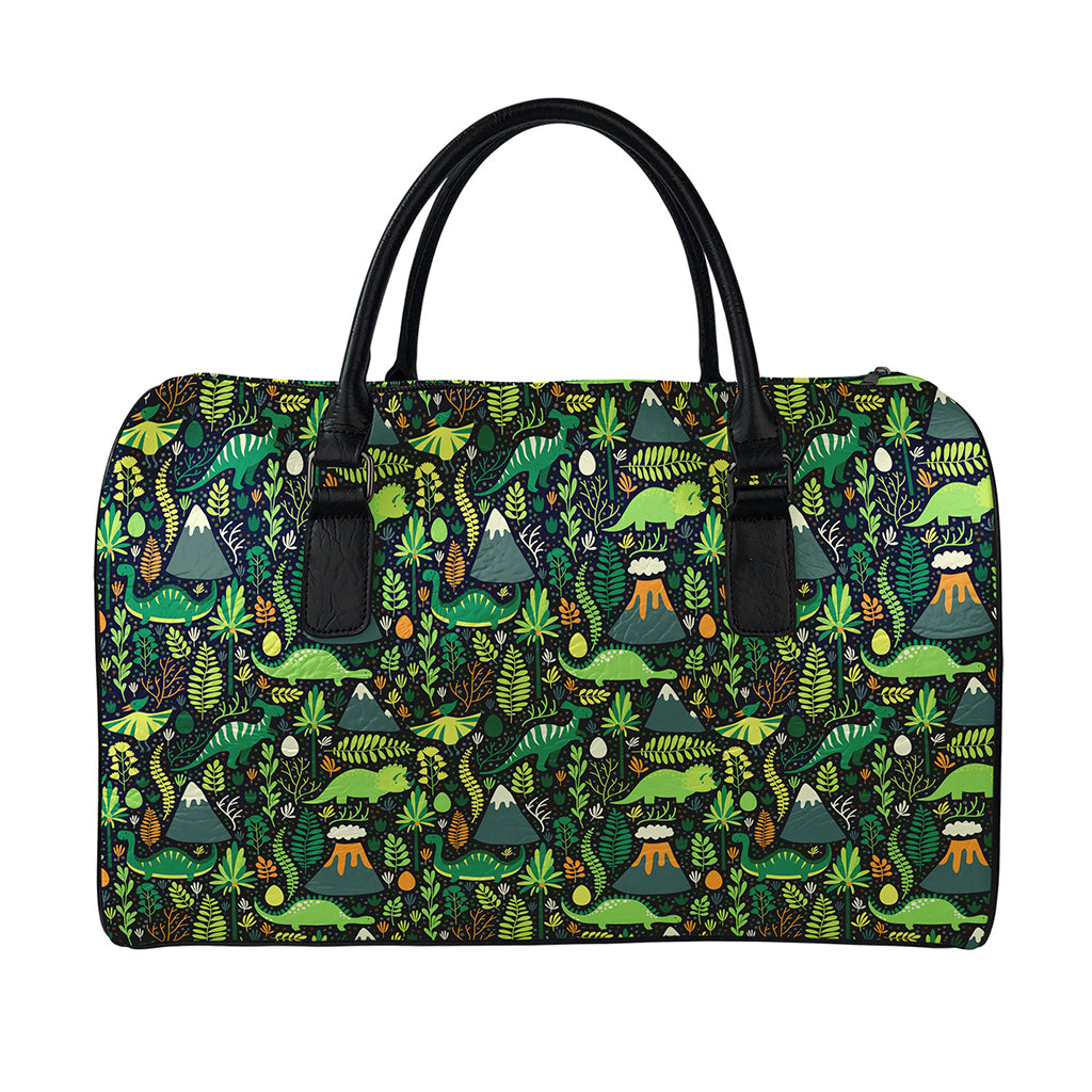 Cute Dinosaur And Floral Pattern Print Leather Duffle Bag