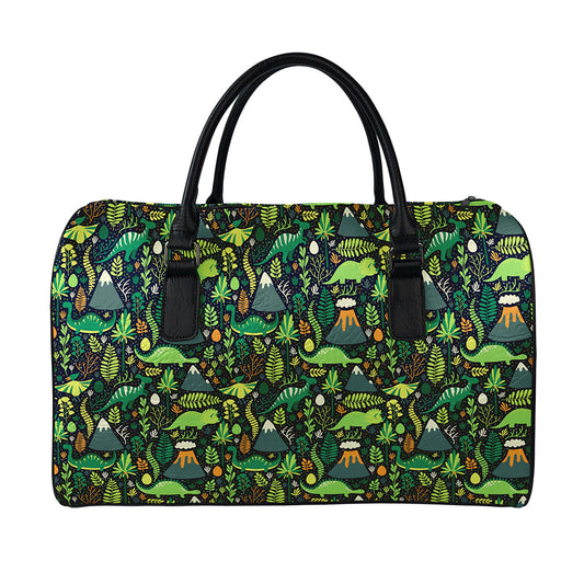 Cute Dinosaur And Floral Pattern Print Leather Duffle Bag