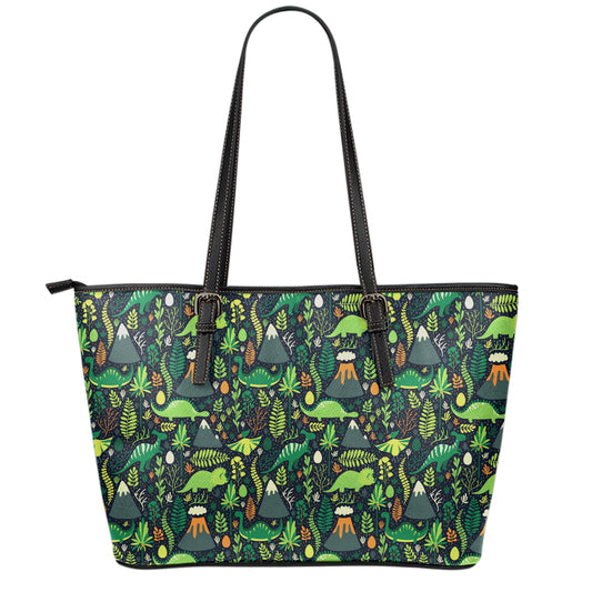 Cute Dinosaur And Floral Pattern Print Leather Tote Bag