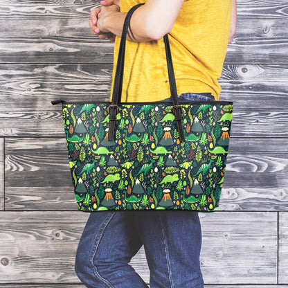 Cute Dinosaur And Floral Pattern Print Leather Tote Bag