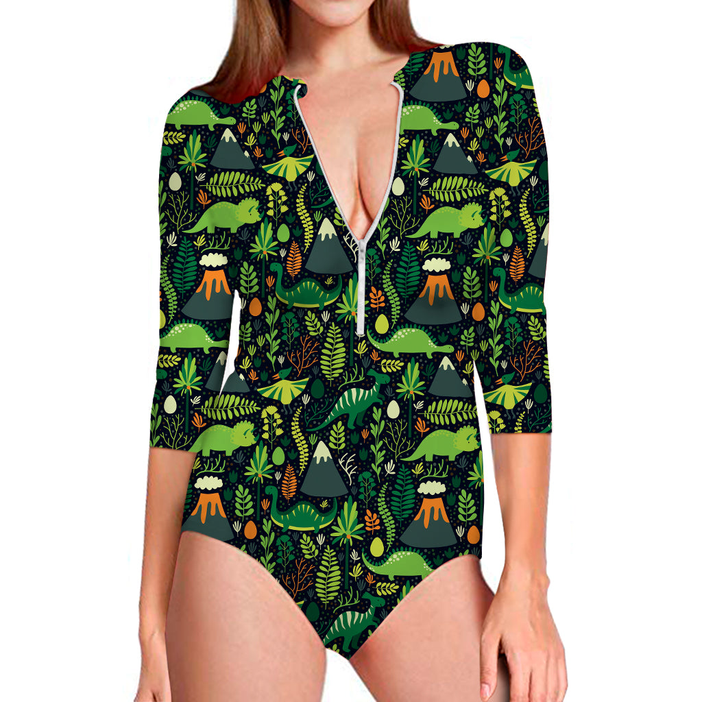 Cute Dinosaur And Floral Pattern Print Long Sleeve Swimsuit