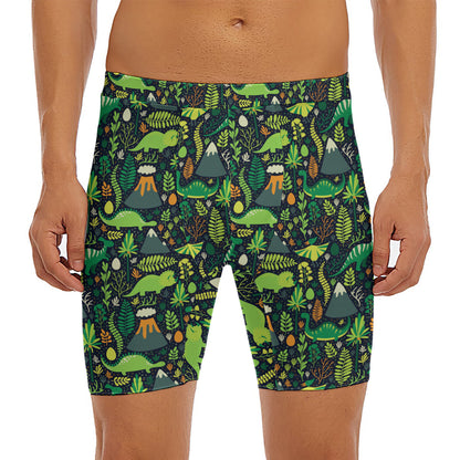 Cute Dinosaur And Floral Pattern Print Men's Long Boxer Briefs