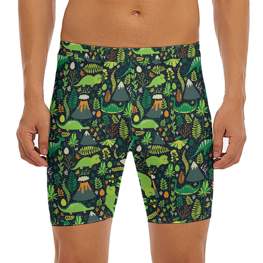 Cute Dinosaur And Floral Pattern Print Men's Long Boxer Briefs