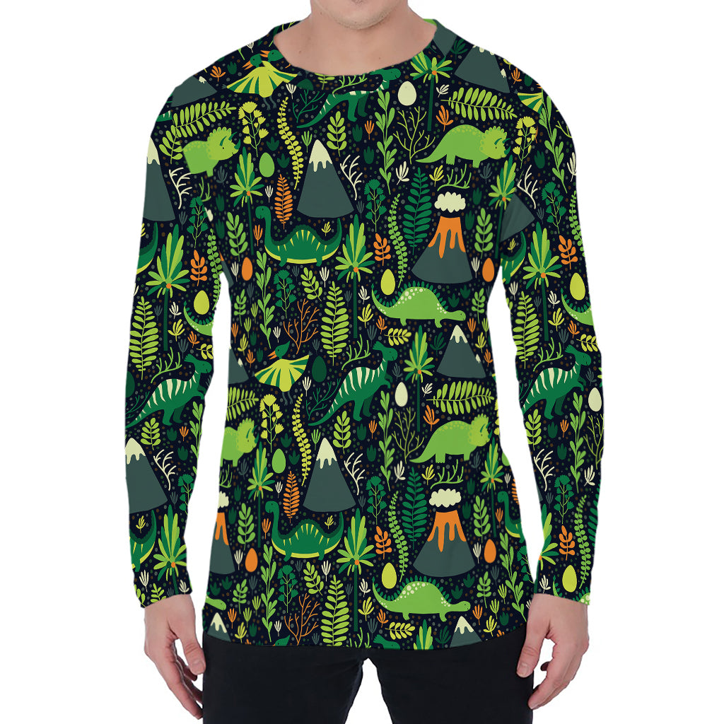 Cute Dinosaur And Floral Pattern Print Men's Long Sleeve T-Shirt