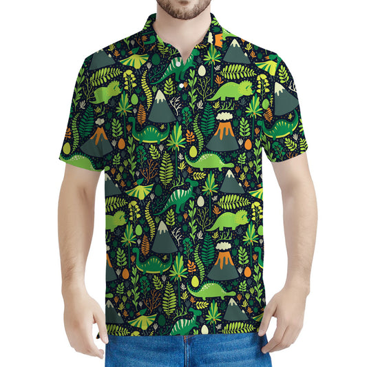 Cute Dinosaur And Floral Pattern Print Men's Polo Shirt