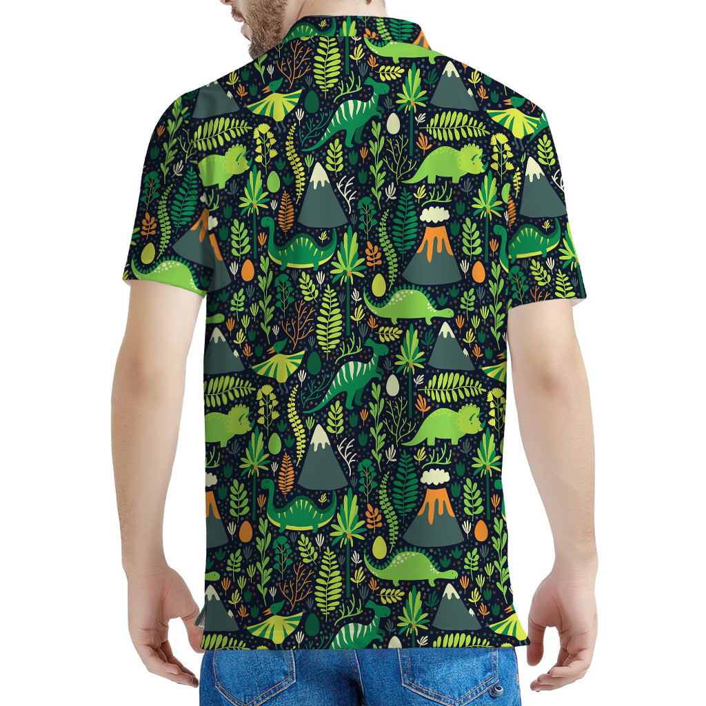 Cute Dinosaur And Floral Pattern Print Men's Polo Shirt
