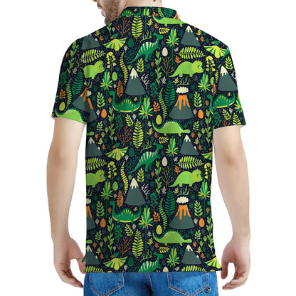 Cute Dinosaur And Floral Pattern Print Men's Polo Shirt