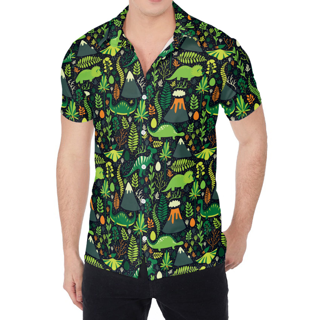 Cute Dinosaur And Floral Pattern Print Men's Shirt