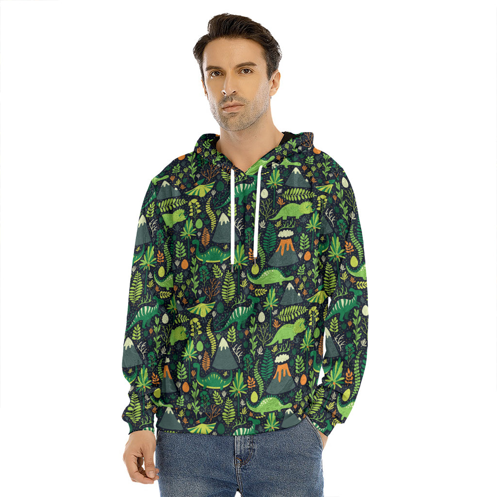 Cute Dinosaur And Floral Pattern Print Men's Velvet Pullover Hoodie