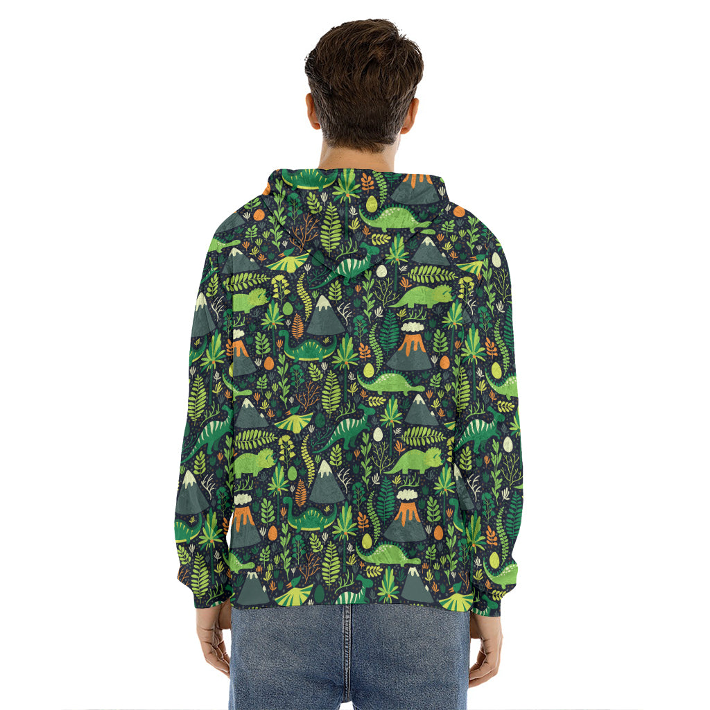 Cute Dinosaur And Floral Pattern Print Men's Velvet Pullover Hoodie
