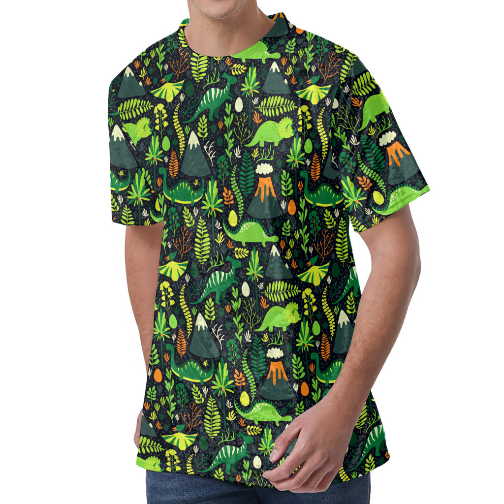 Cute Dinosaur And Floral Pattern Print Men's Velvet T-Shirt