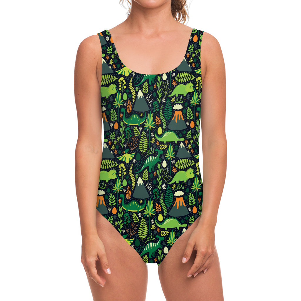 Cute Dinosaur And Floral Pattern Print One Piece Swimsuit