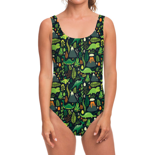 Cute Dinosaur And Floral Pattern Print One Piece Swimsuit