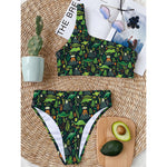 Cute Dinosaur And Floral Pattern Print One Shoulder Bikini Top