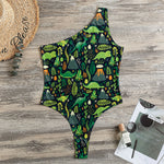 Cute Dinosaur And Floral Pattern Print One Shoulder Bodysuit