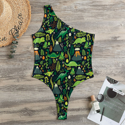 Cute Dinosaur And Floral Pattern Print One Shoulder Bodysuit