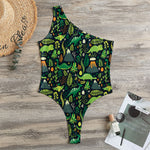 Cute Dinosaur And Floral Pattern Print One Shoulder Bodysuit