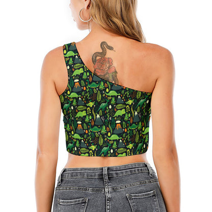 Cute Dinosaur And Floral Pattern Print One Shoulder Crop Top