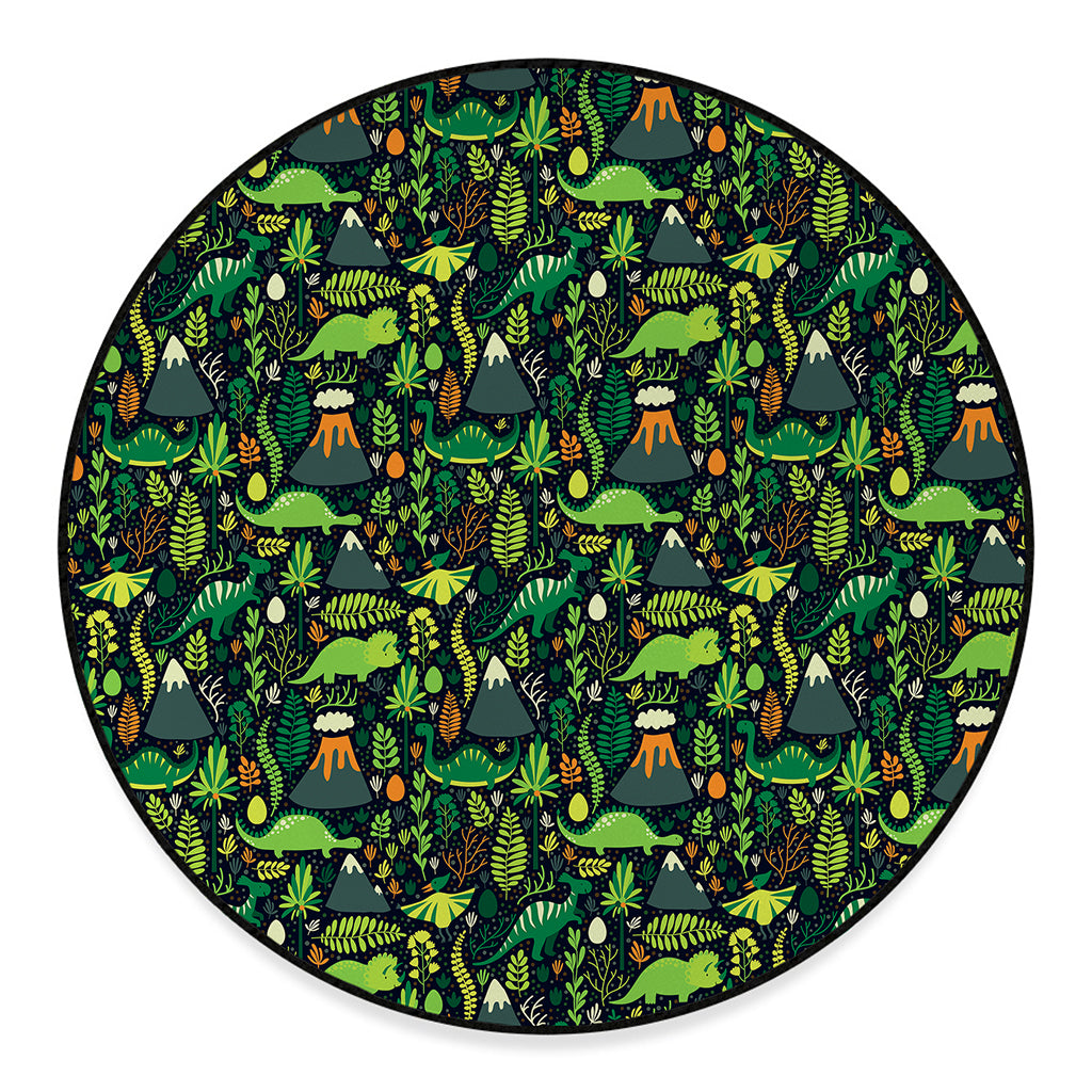 Cute Dinosaur And Floral Pattern Print Round Floor Mat