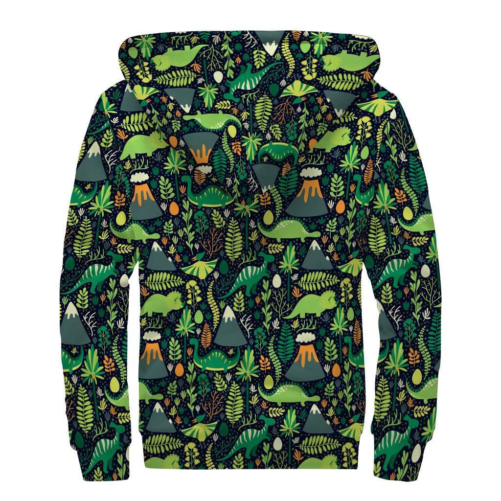 Cute Dinosaur And Floral Pattern Print Sherpa Lined Zip Up Hoodie