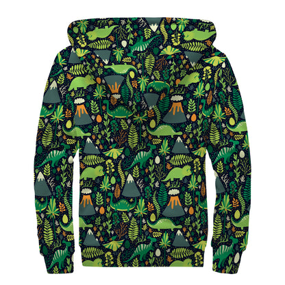 Cute Dinosaur And Floral Pattern Print Sherpa Lined Zip Up Hoodie