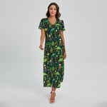 Cute Dinosaur And Floral Pattern Print Short Sleeve Maxi Dress