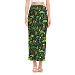 Cute Dinosaur And Floral Pattern Print Side Slit Maxi Skirt
