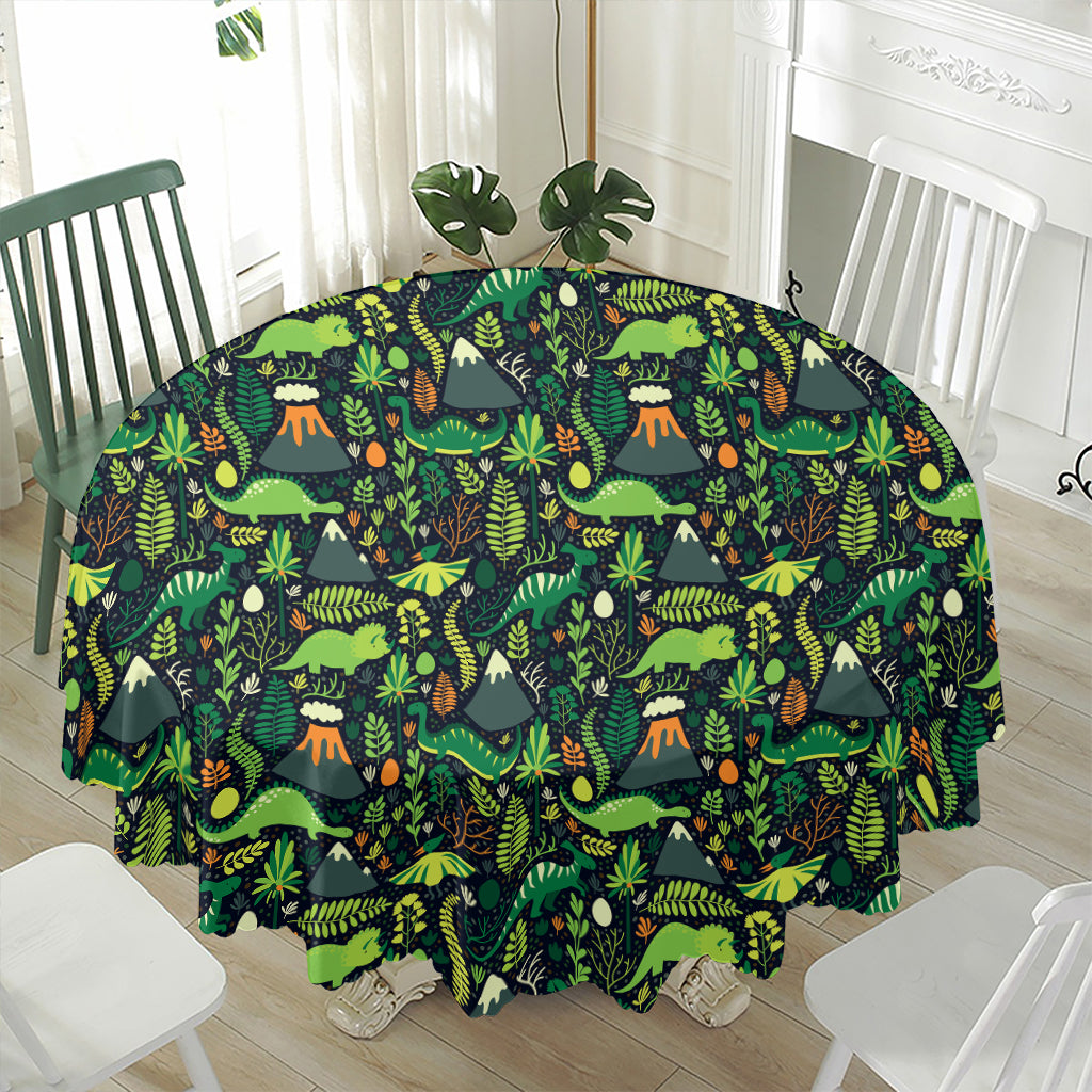 Cute Dinosaur And Floral Pattern Print Waterproof Round Tablecloth