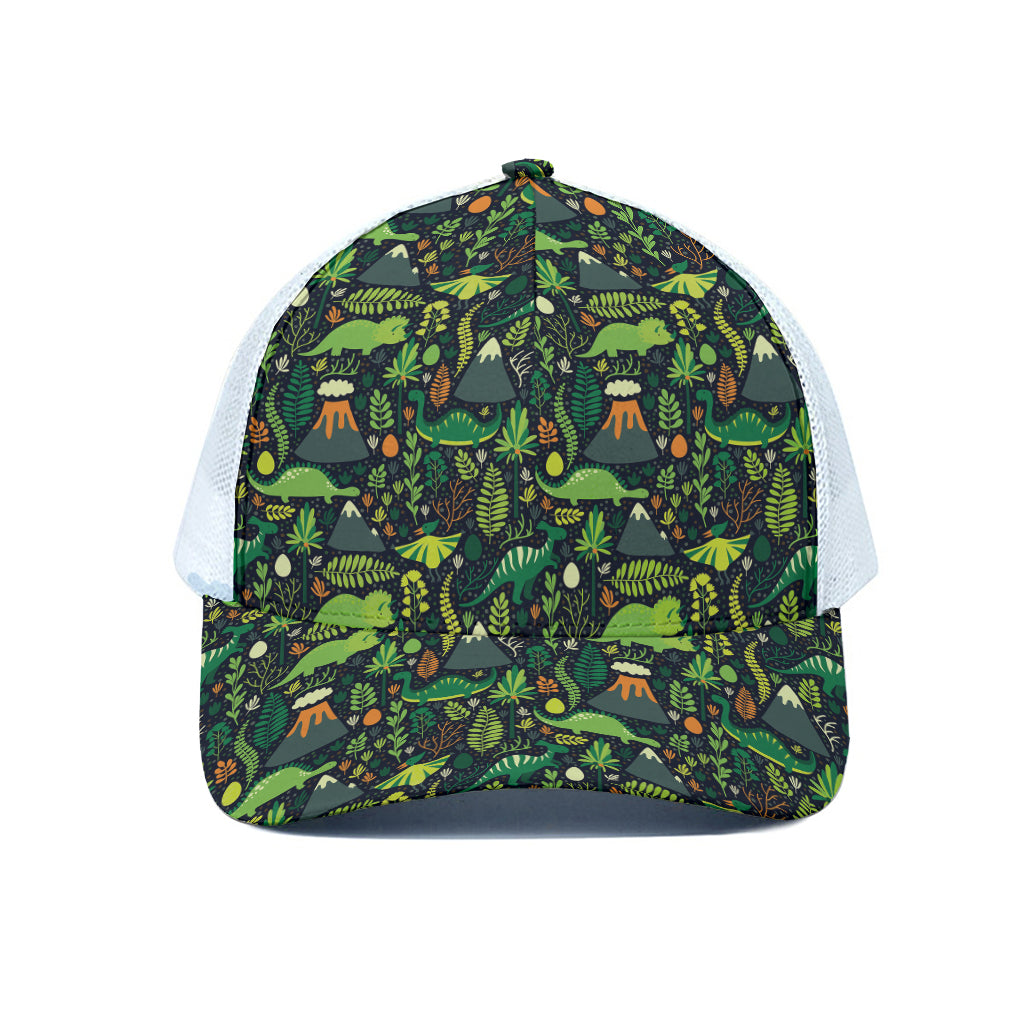 Cute Dinosaur And Floral Pattern Print White Mesh Trucker Cap