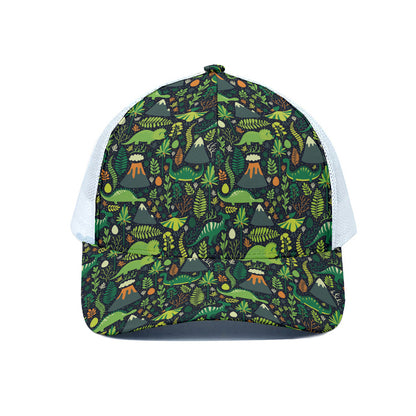 Cute Dinosaur And Floral Pattern Print White Mesh Trucker Cap