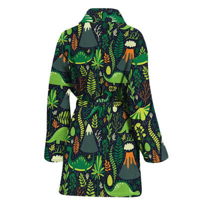 Cute Dinosaur And Floral Pattern Print Women's Bathrobe