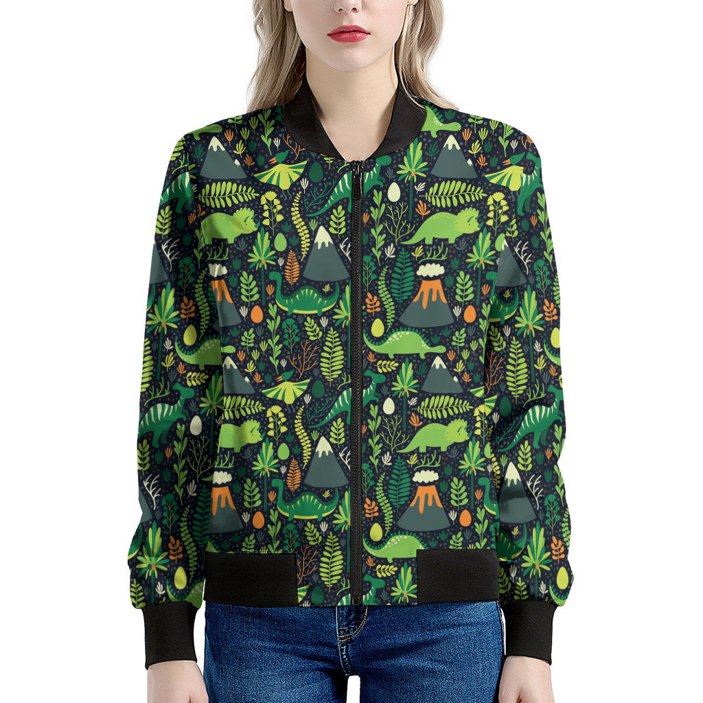 Cute Dinosaur And Floral Pattern Print Women's Bomber Jacket
