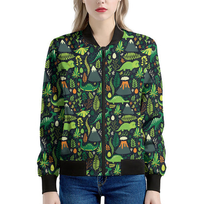 Cute Dinosaur And Floral Pattern Print Women's Bomber Jacket