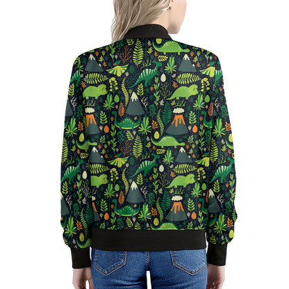 Cute Dinosaur And Floral Pattern Print Women's Bomber Jacket