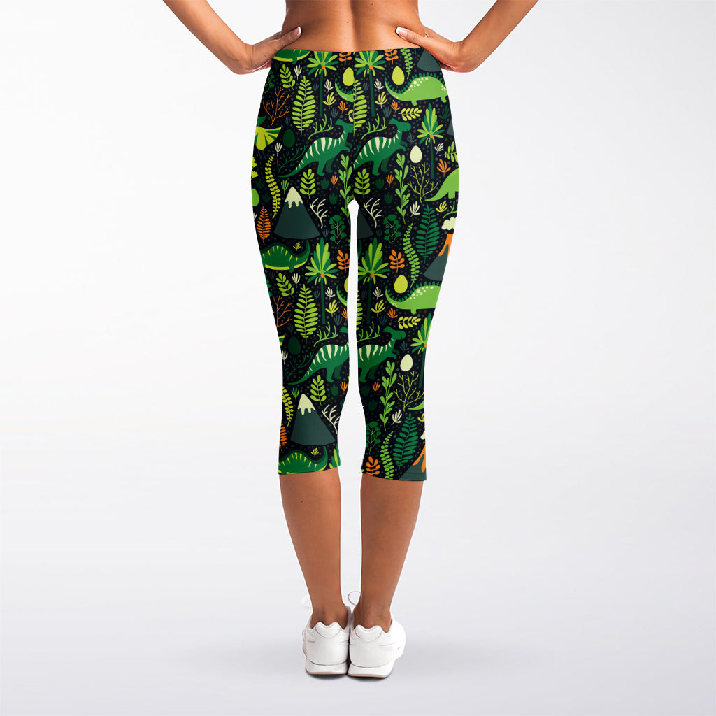 Cute Dinosaur And Floral Pattern Print Women's Capri Leggings