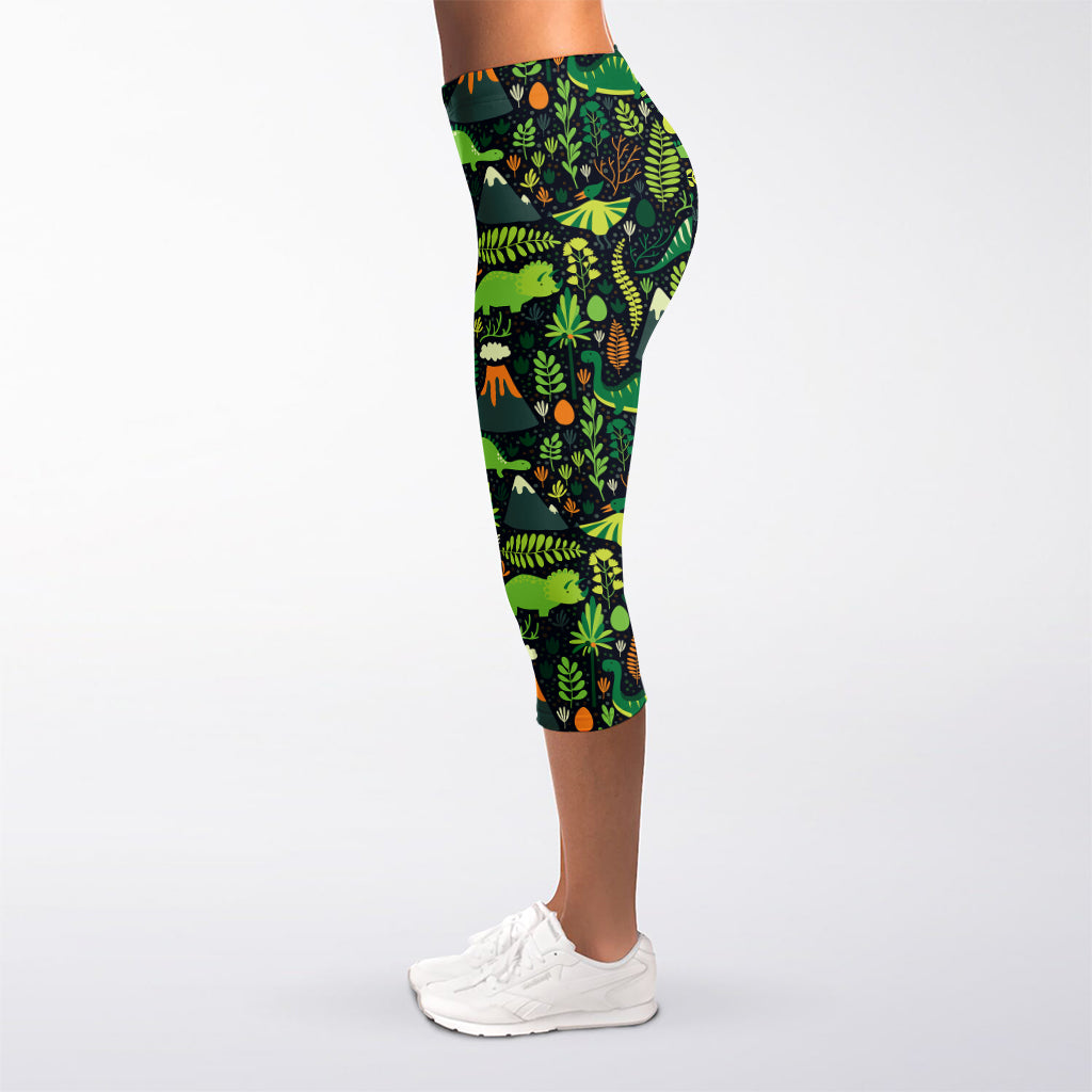 Cute Dinosaur And Floral Pattern Print Women's Capri Leggings