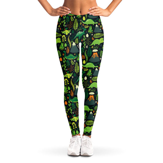 Cute Dinosaur And Floral Pattern Print Women's Leggings