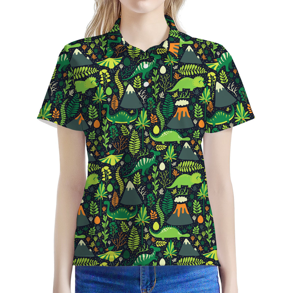 Cute Dinosaur And Floral Pattern Print Women's Polo Shirt