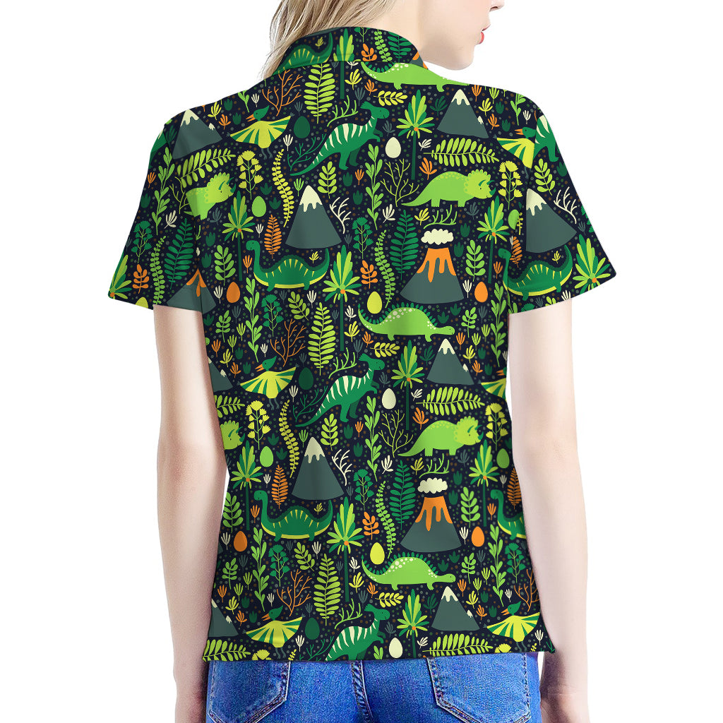 Cute Dinosaur And Floral Pattern Print Women's Polo Shirt