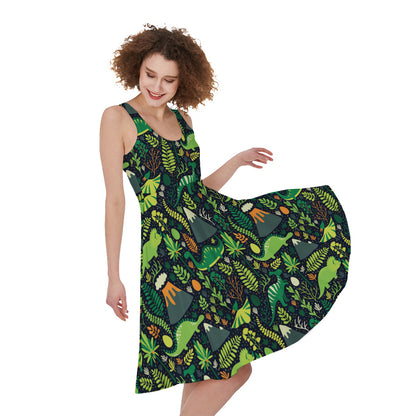 Cute Dinosaur And Floral Pattern Print Women's Sleeveless Dress