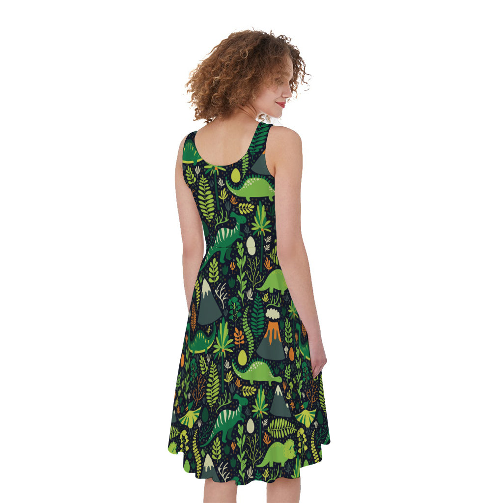 Cute Dinosaur And Floral Pattern Print Women's Sleeveless Dress