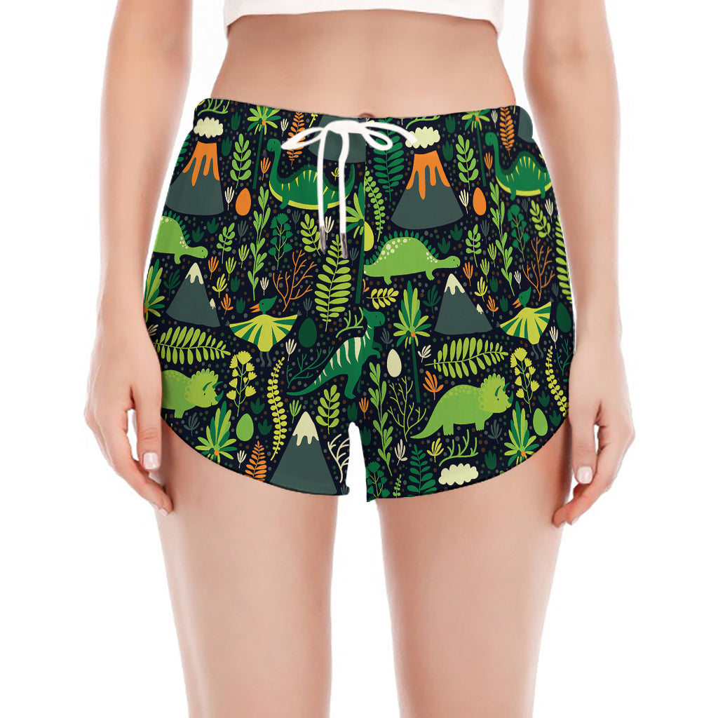 Cute Dinosaur And Floral Pattern Print Women's Split Running Shorts