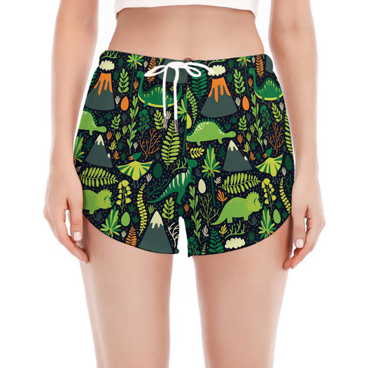 Cute Dinosaur And Floral Pattern Print Women's Split Running Shorts