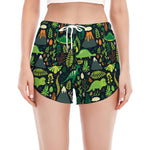 Cute Dinosaur And Floral Pattern Print Women's Split Running Shorts
