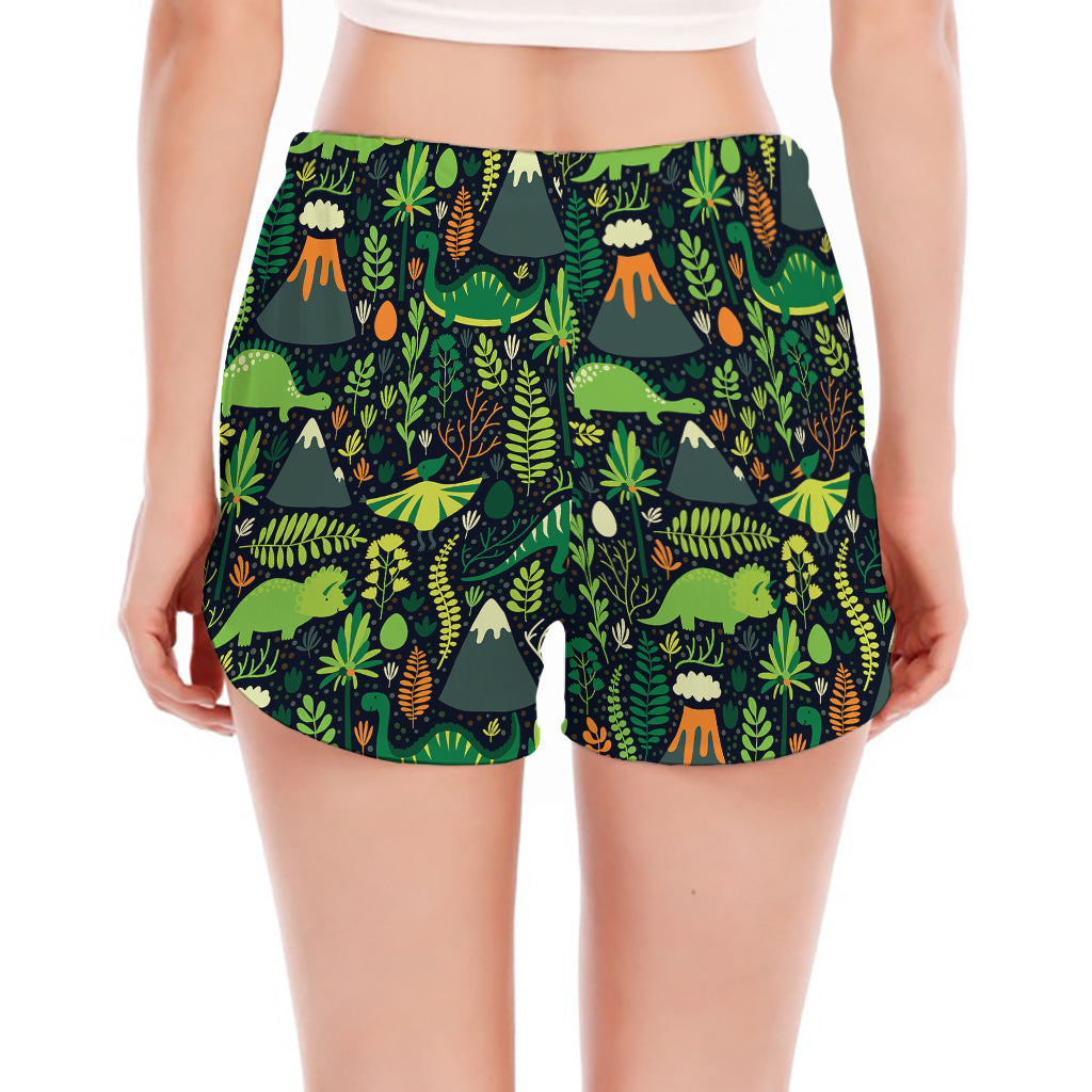 Cute Dinosaur And Floral Pattern Print Women's Split Running Shorts