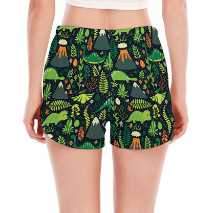 Cute Dinosaur And Floral Pattern Print Women's Split Running Shorts