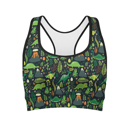 Cute Dinosaur And Floral Pattern Print Women's Sports Bra