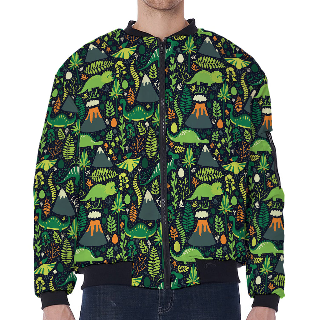 Cute Dinosaur And Floral Pattern Print Zip Sleeve Bomber Jacket