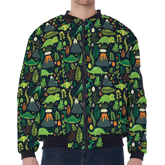 Cute Dinosaur And Floral Pattern Print Zip Sleeve Bomber Jacket